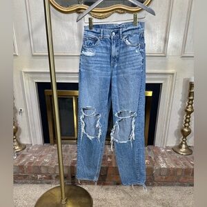 American Eagle Highest Rise Baggy Straight Jeans 0 Distressed Ripped Strigid